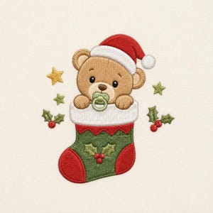 May include: An embroidered design of a light brown teddy bear wearing a red and white Santa hat with a green pacifier in its mouth. The bear is inside a green and red Christmas stocking decorated with holly leaves and red berries.