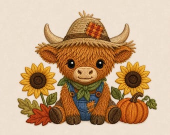 May include: An embroidered design of a fluffy highland cow wearing a straw hat with a plaid patch, a green neckerchief, and blue denim overalls. The cow is flanked by two yellow sunflowers, green leaves, a red autumn leaf, and an orange pumpkin.