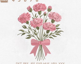 Diseño de bordado de ramo de claveles rosas, archivo para máquina de bordar floral (descarga digital)