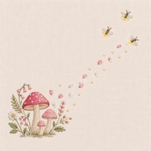 Può includere: Un ricamo su tessuto chiaro raffigurante tre funghi dal cappello rosa circondati da foglie verdi, piccoli fiori bianchi e fiori rosa a forma di campana. Tre lucciole volano verso l'alto, lasciando una scia di puntini gialli e petali rosa.