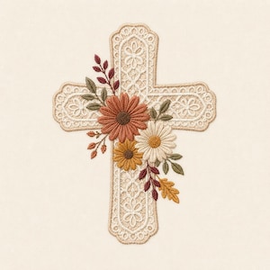 May include: An embroidered cross design featuring a cream-colored lace pattern with scalloped edges. The cross is decorated with a cluster of flowers in shades of rust, mustard yellow, and white, accented by green and dark red leaves and stems.