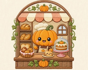 May include: An embroidered patch featuring a pumpkin-headed character wearing a chef hat and apron inside a bakery stall. The scene includes shelves with bread, a basket of rolls, a cat-shaped cookie, and a cake under a glass dome cover.
