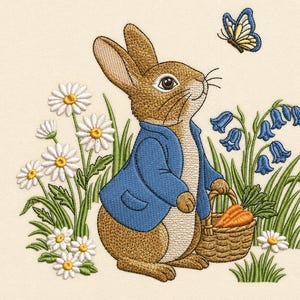 Stickmuster Peter Hase, Märchenhaftes Hasengartenmuster (Digitaler Download)