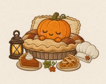 May include: An embroidery design featuring a smiling orange pumpkin resting in a pie, a brown lantern, a slice of pumpkin pie with whipped cream, a slice of lattice-crust pie, a white chef hat, and small green and orange autumn leaves.