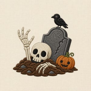 May include: An embroidery design featuring a beige fabric background with a brown dirt mound. A white skeleton skull and two hands emerge from the soil. A gray tombstone with a crack stands behind, topped by a black crow and a small orange pumpkin.