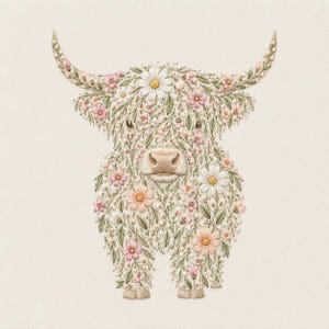 Puede incluir: Un diseño de bordado de la silueta de una vaca Highland compuesta enteramente por intrincados patrones florales y hojas verdes. La vaca presenta una nariz de color tostado claro, cuernos curvados y un pelaje lleno de margaritas blancas.