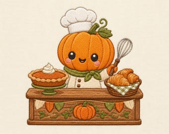 May include: An embroidery design featuring a smiling pumpkin character wearing a white chef hat and green scarf, holding a whisk. The pumpkin stands behind a wooden counter with a pumpkin pie, a basket of croissants, and a carved pumpkin motif.