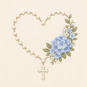 Puede incluir: Un diseño de bordado que muestra un rosario con cuentas blancas dispuestas en forma de corazón. El lado derecho del corazón está adornado con un racimo de hortensias azul claro, pequeñas flores blancas y hojas verdes, terminando en una cruz.