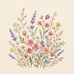 Può includere: Un ricamo dettagliato su tessuto color crema che raffigura un vivace bouquet di fiori di campo. Il design include rametti di lavanda, fiori rosa, margherite bianche e piccoli fiori blu con steli e foglie verdi, realizzati con filo in rilievo.