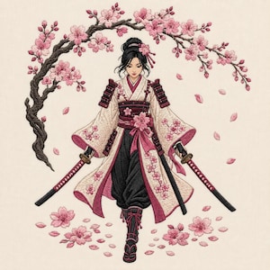 Samurai Woman Embroidery Design, Sakura Floral Pattern, Japanese Anime Machine Embroidery (Digital Download)