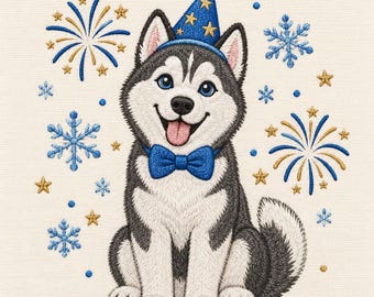 May include: An embroidered design of a black and white husky puppy wearing a blue party hat with gold stars and a blue bow tie. The puppy is surrounded by blue and gold embroidered fireworks, blue snowflakes, and small gold stars on a cream fabric.