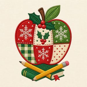 May include: An embroidered apple design featuring a patchwork pattern of red, green, and cream sections with white snowflakes, green holly leaves, and red berries. Two yellow pencils are crossed over a green book with a red bookmark.