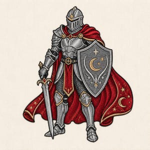 May include: An embroidered patch featuring a knight in silver plate armor and a red cape. The knight holds a long sword and a shield decorated with a gold crescent moon and stars. The red cape also features gold embroidered crescent moons and stars.