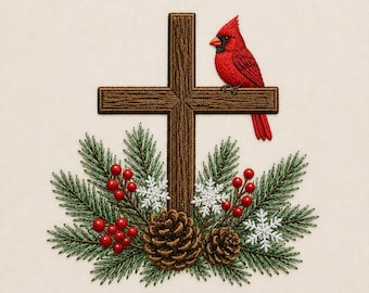 May include: An embroidery design featuring a brown wooden cross with a bright red cardinal bird perched on the horizontal bar. The base is decorated with green pine needles, brown pinecones, red berries, and white embroidered snowflakes.
