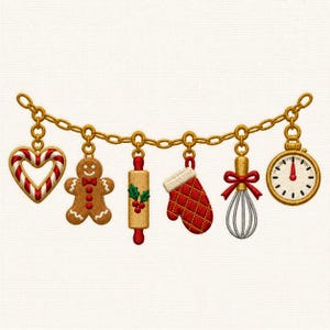 May include: A gold chain charm bracelet design featuring six hanging ornaments: a red and white candy cane heart, a brown gingerbread person, a wooden rolling pin with holly, a red quilted oven mitt, a wire whisk with a red bow, and a timer.