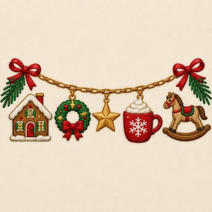 May include: A decorative gold chain garland featuring five hanging Christmas charms: a gingerbread house, a green wreath with a red bow, a gold star, a red mug with whipped cream and a snowflake, and a brown rocking horse, flanked by red bows.