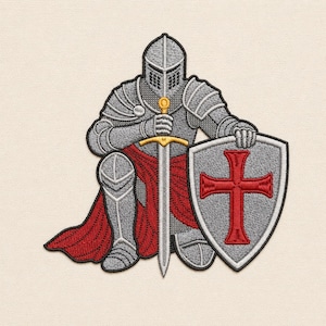 May include: An embroidered patch featuring a knight in silver armor kneeling while holding a gold-hilted sword and a silver shield with a prominent red cross. The knight wears a red fabric garment underneath the armor, with black outlines.