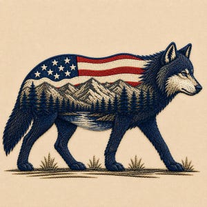 May include: An embroidered patch featuring a side profile of a wolf. The wolf's body contains a landscape scene with a mountain range, a forest of pine trees, and a river. The upper portion of the wolf's back displays the American flag pattern.