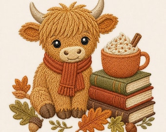 Puede incluir: Un diseño bordado de una vaca Highland esponjosa con una bufanda naranja acanalada, sentada junto a una pila de tres libros coronada por una taza con crema batida y una rama de canela, rodeada de hojas de otoño y dos pequeñas bellotas.
