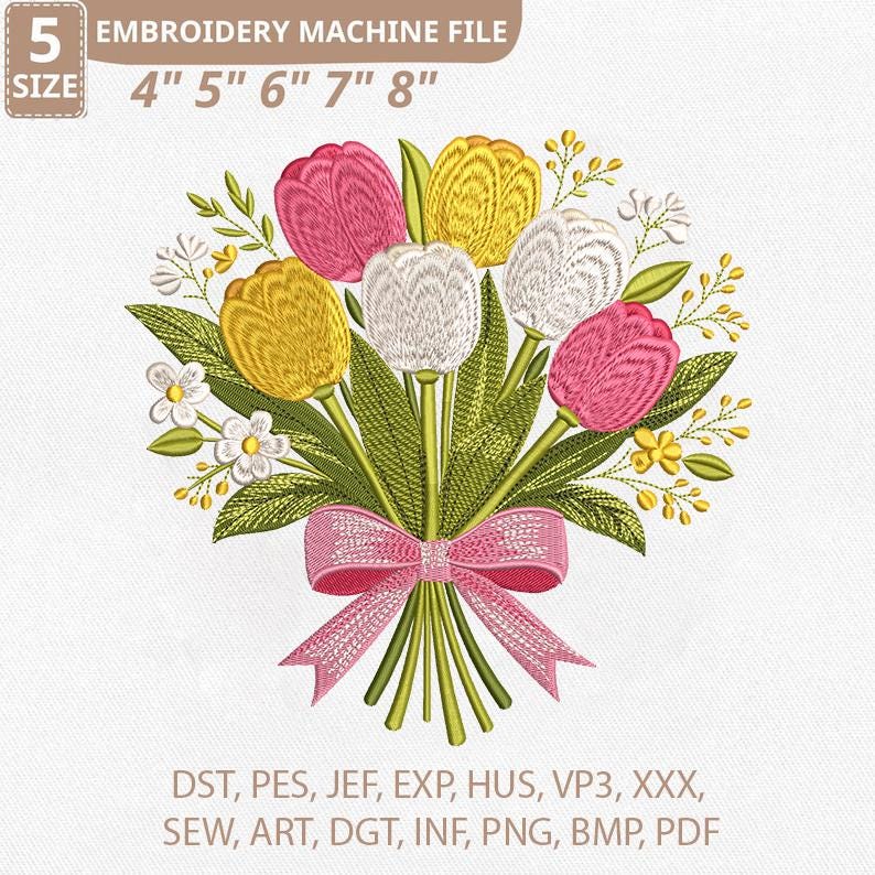 Tulip Bouquet Machine Embroidery Design, Spring Floral Pattern With ...