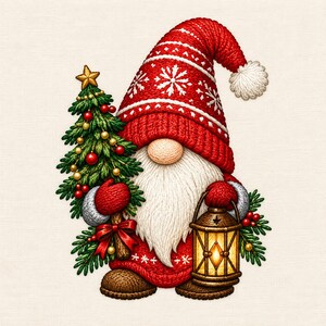 May include: A gnome wearing a red knit hat with white snowflake patterns and a white pom-pom. The gnome has a long white beard, holds a green Christmas tree decorated with gold ornaments and a star, and carries a lit lantern in one hand.