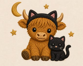 Puede incluir: Un diseño bordado que muestra una vaca Highland marrón y esponjosa con una diadema de orejas de gato negra, sentada junto a un pequeño gatito negro. La escena incluye una luna creciente dorada y tres estrellas doradas sobre un fondo beige claro.