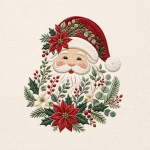May include: An embroidery design featuring a smiling Santa Claus face wearing a red hat with a white pom-pom. The figure is surrounded by a festive arrangement of red poinsettias, white poinsettias, green holly leaves, and red berries.