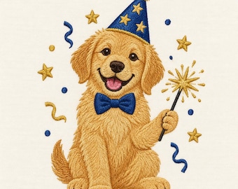 May include: An embroidered golden retriever puppy wearing a blue party hat with yellow stars and a blue bow tie. The puppy holds a gold sparkler, surrounded by embroidered yellow stars, blue confetti dots, and blue and yellow streamers.