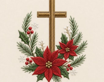 May include: An embroidery design featuring a central gold cross framed by a festive wreath of red poinsettias, green holly leaves, pine needles, small red berries, white berries, and delicate white snowflakes on a cream-colored fabric background.