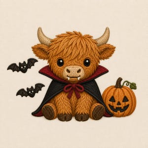May include: An embroidered design of a fluffy ginger highland cow wearing a black cape with a red lining, featuring two small white fangs. The cow is flanked by two small black bats on the left and a carved orange jack-o'-lantern pumpkin on the right.