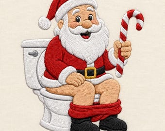 May include: An embroidered design of Santa Claus sitting on a white toilet. Santa wears a red suit with a white trim, a matching hat, and black boots. He has a white beard and holds a red and white striped candy cane in his right hand.