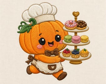 May include: An embroidered design of an orange pumpkin character wearing a white chef hat and apron with a brown bow tie. The pumpkin holds a three-tiered gold dessert stand featuring two donuts on the top, three macarons, and three small fruit tarts.