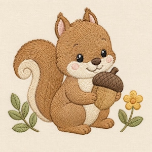 Può includere: Un disegno da ricamo raffigurante uno scoiattolo marrone con pancia e parte inferiore della coda color crema, che tiene in mano una ghianda marrone. Lo scoiattolo è posizionato tra un rametto di foglie verdi a sinistra e un fiore giallo a destra.