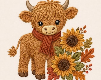 Puede incluir: Un diseño bordado de un ternero Highland marrón y esponjoso con una bufanda naranja acanalada, de pie junto a un grupo de dos grandes girasoles amarillos, hojas verdes y follaje otoñal naranja sobre un fondo de color crema claro.