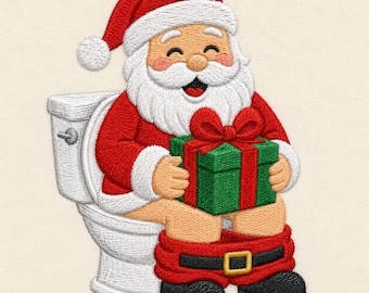 May include: An embroidered design of Santa Claus sitting on a white toilet. Santa wears a red suit with white trim, a matching hat, and black boots. His pants are pulled down to his ankles. He holds a green gift box with a red ribbon.