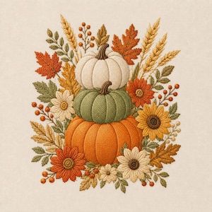 May include: An embroidery design featuring a stack of three pumpkins in white, sage green, and orange. The pumpkins are surrounded by autumn foliage including orange and yellow maple leaves, wheat stalks, orange berries, and white and yellow flowers.