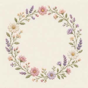 May include: A circular embroidery pattern featuring a delicate wreath of stitched flowers including white daisies, purple lavender sprigs, and small pink and yellow blossoms with green leaves on a plain off-white fabric background.