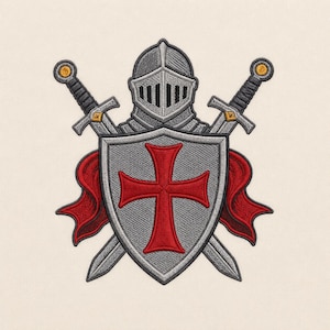 May include: An embroidered patch featuring a silver knight's helmet positioned above a shield with a red cross. Two crossed swords with gold accents are placed behind the shield, and red fabric ribbons drape from behind the shield on both sides.