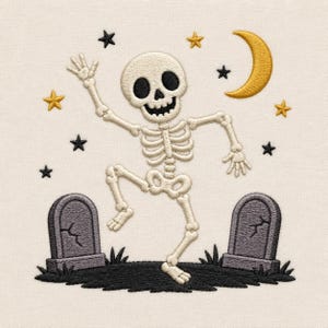 May include: An embroidery design featuring a dancing off-white skeleton positioned between two grey tombstones on a black patch of ground. The scene includes a yellow crescent moon and several small yellow and black stars on a cream background.
