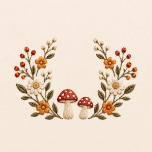 Stickmuster mit Pilzblumen, botanisches Cottagecore-Stickdatei (Sofort-Download)