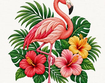 May include: An embroidered design featuring a pink flamingo standing amidst lush green tropical palm leaves and vibrant hibiscus flowers in shades of red, light pink, and yellow, all rendered with detailed stitching textures.