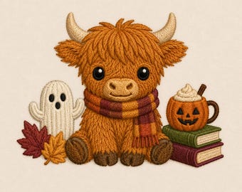 Puede incluir: Un diseño bordado que muestra una vaca Highland peluda de color jengibre con una bufanda a rayas, sentada junto a una figura de fantasma blanca, dos hojas de otoño y una taza con forma de calabaza con nata sobre dos libros apilados.