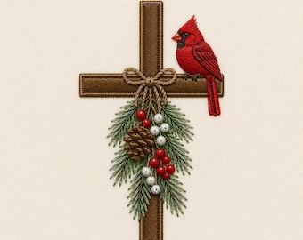 May include: An embroidered design featuring a brown cross adorned with a red cardinal bird perched on the horizontal bar. A decorative rope bow secures a cluster of green pine needles, a brown pinecone, and small red and white berries.