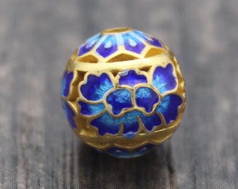 Or véritable foncé, argent sterling, vermeil, émail, perle en filigrane 10 mm - lotus bleu de cobalt et turquoise