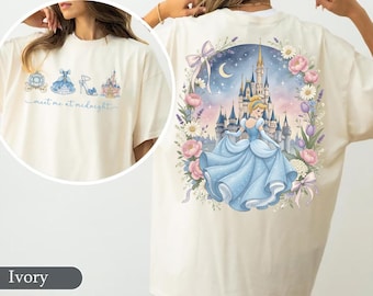 Retro Treffen Sie mich um Mitternacht Komfort Farbe Shirt, Vintage Cinderella inspiriert Shirt, Disney Cinderella Shirt, Coquette Bow Disney Schloss T-Shirt