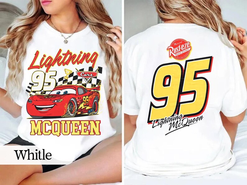 May include: White t-shirt with a graphic of Lightning McQueen from the Cars film. The front shows "Lightning 95 McQueen" with a red race car. The back has a large yellow "95" and "Lightning McQueen" text.