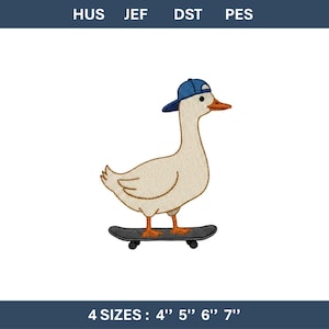 May include: Embroidered design of a goose wearing a blue baseball cap and riding a skateboard. The goose is cream-colored with orange feet and beak. The skateboard is black. The text at the bottom reads "4 SIZES: 4" 5" 6" 7""