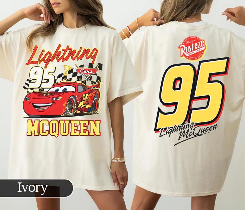 Retro Lightning McQueen Cars Comfort Colors Shirt , Two Sided Disney Cars Tee, Family Vacation 2026 Matching Shirt, Vintage Pixar Style Tee image 1