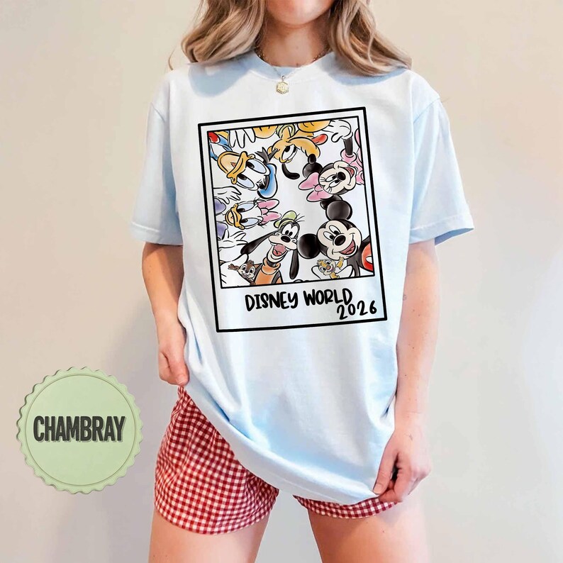 May include: Pale blue t-shirt with a framed graphic of Disney characters, including Mickey and Minnie Mouse, Donald Duck, and Goofy. The graphic reads "DISNEY WORLD 2026". The outfit is completed with red and white gingham shorts.