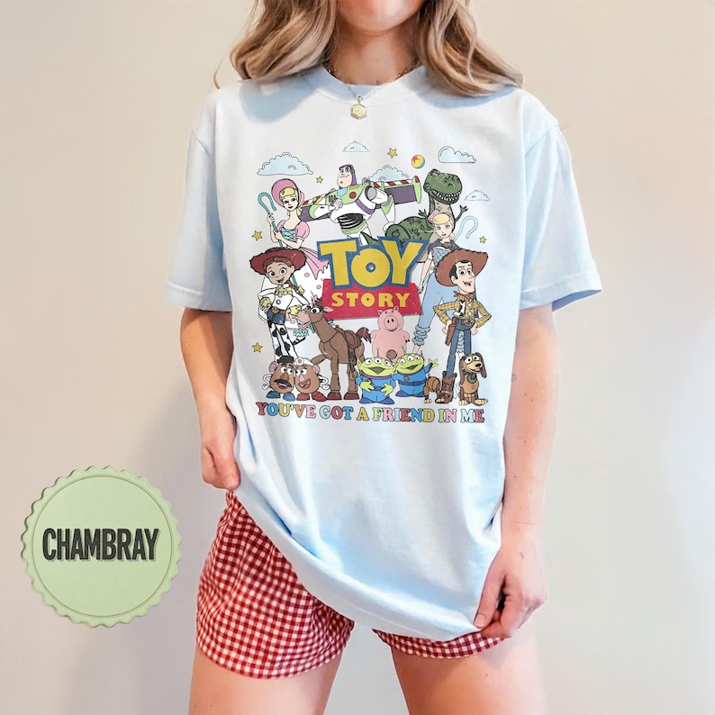 May include: Light blue t-shirt featuring a colorful graphic of Toy Story characters and the text "TOY STORY" and "YOU'VE GOT A FRIEND IN ME". The shirt is paired with red and white checkered shorts.